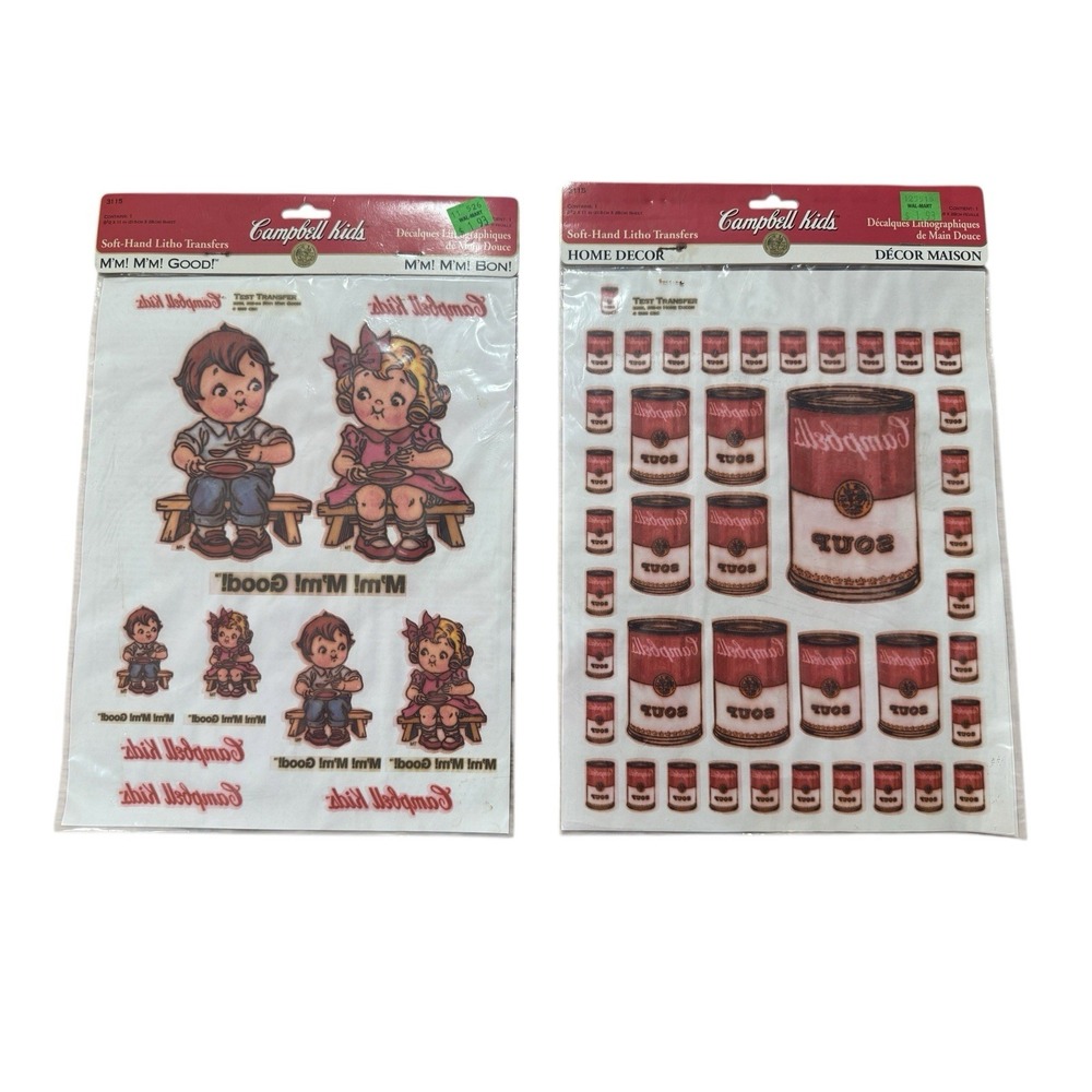 Vtg 2 New Campbell Kids Soft‑Hand Litho Transfers Soup Can Home Decor 90s Craft